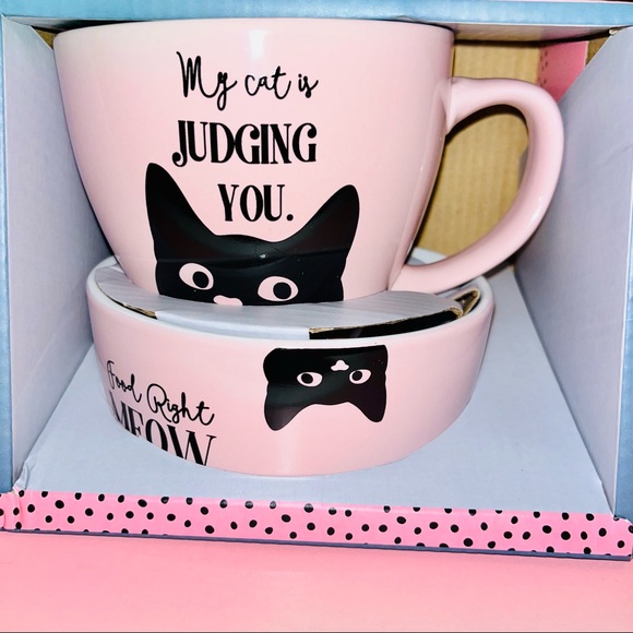 ***SOLD***  “My Cat is Judging You” Pink Cat Bowl & Mug Set - Picture 11 of 11
